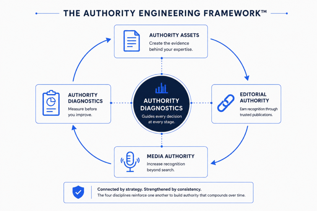 Authority Engineering Framework showing how Authority Assets, Editorial Authority, Media Authority, and Authority Diagnostics work together to build long-term brand authority.